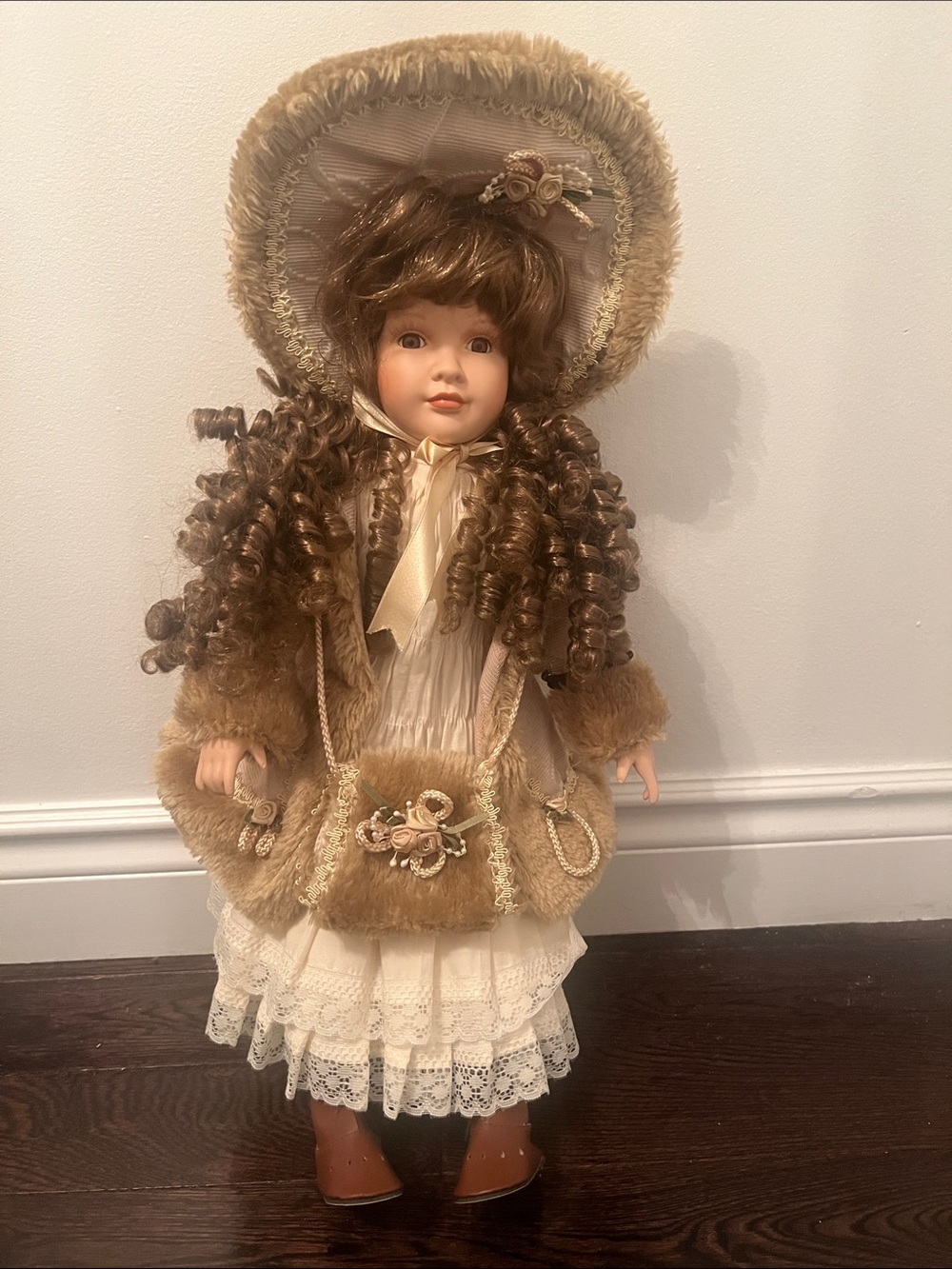 Vanessa Ricardi ,Vintage-Style Porcelain Doll in Cream and Brown Outfit